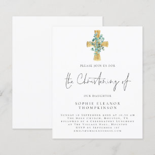 Budget Eucalyptus Cross Script Christening Uitnodi