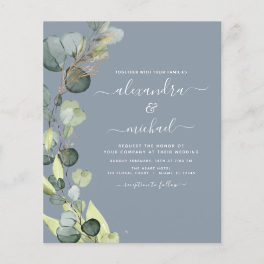 Budget Eucalyptus Dusty Blue Wedding Uitnodiging (Voorkant)