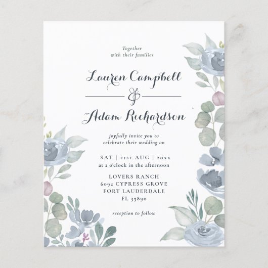 Budget Eucalyptus Dusty Blue Wedding Uitnodiging (Voorkant)