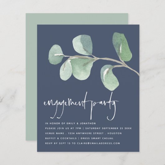 Budget Eucalyptus Dusty Navy Blue Engagement Party (Voorkant / Achterkant)