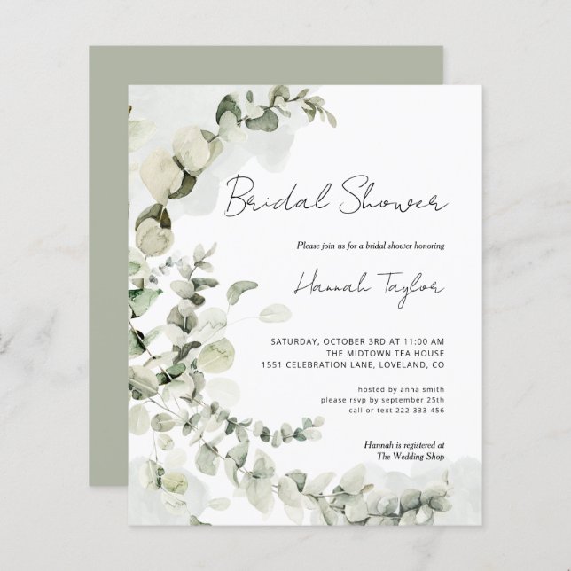 Budget Eucalyptus Elegant Bridal Shower Invitation (Voorkant / Achterkant)