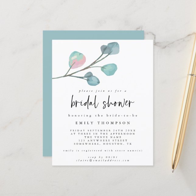 Budget Eucalyptus Elegant Bridal Shower Invitation (Voorkant / Achterkant in situ)