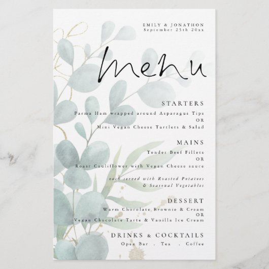 Budget Eucalyptus Elegant Script Wedding Menu (Voorkant)