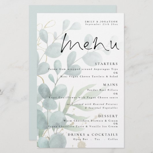 Budget Eucalyptus Elegant Script Wedding Menu (Voorkant / Achterkant)