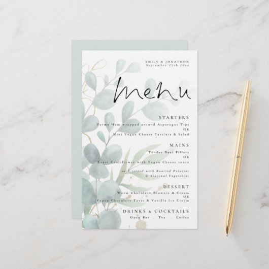 Budget Eucalyptus Elegant Script Wedding Menu (Voorkant / Achterkant in situ)