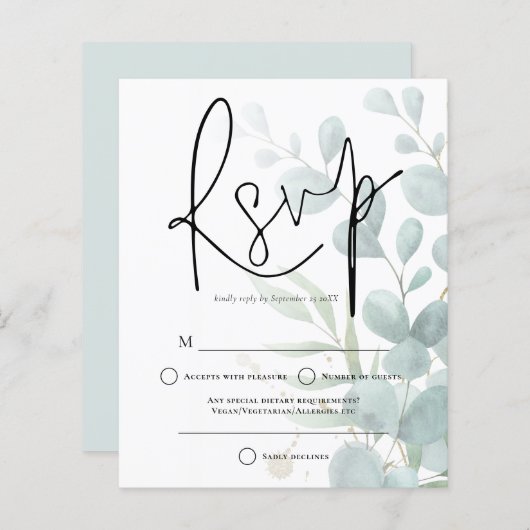 Budget Eucalyptus Elegant Script Wedding RSVP (Voorkant / Achterkant)