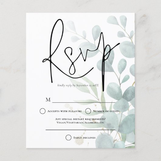 Budget Eucalyptus Elegant Script Wedding RSVP (Voorkant)