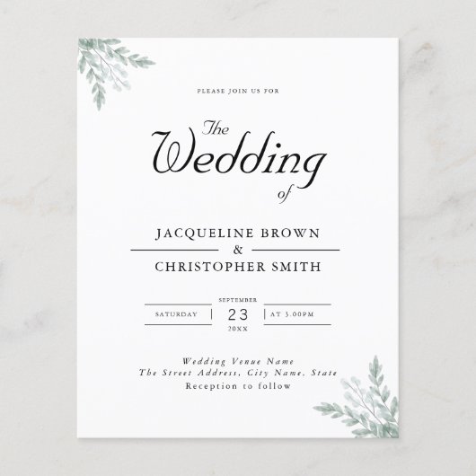 Budget Eucalyptus Elegant Wedding Invitation Flyer (Voorkant)