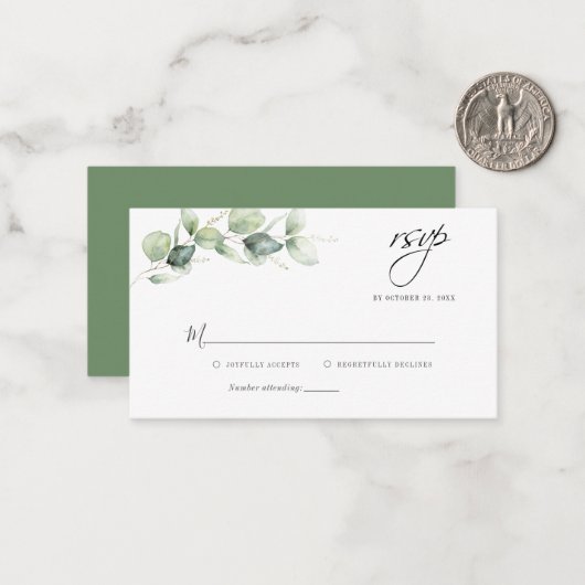 Budget Eucalyptus Foliage Weddenschap RSVP-kaart Notitiekaartje (Voorkant / Achterkant in situ)