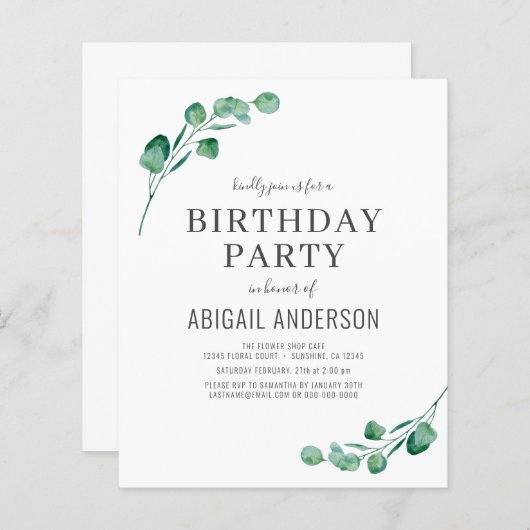 Budget Eucalyptus Girly Birthday Party Invitation (Voorkant / Achterkant)