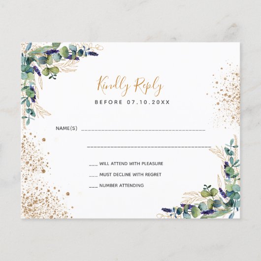 Budget eucalyptus glitter bruiloft RSVP-kaart (Voorkant)