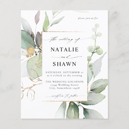 Budget Eucalyptus Glow Gold Greenery Wedding Flyer (Voorkant)