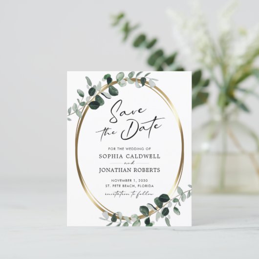 Budget Eucalyptus Gold Calligrafie Sparen de Datum (Staand voorkant)
