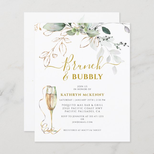 Budget Eucalyptus Gold Calligraphy Bridal Shower  (Voorkant / Achterkant)