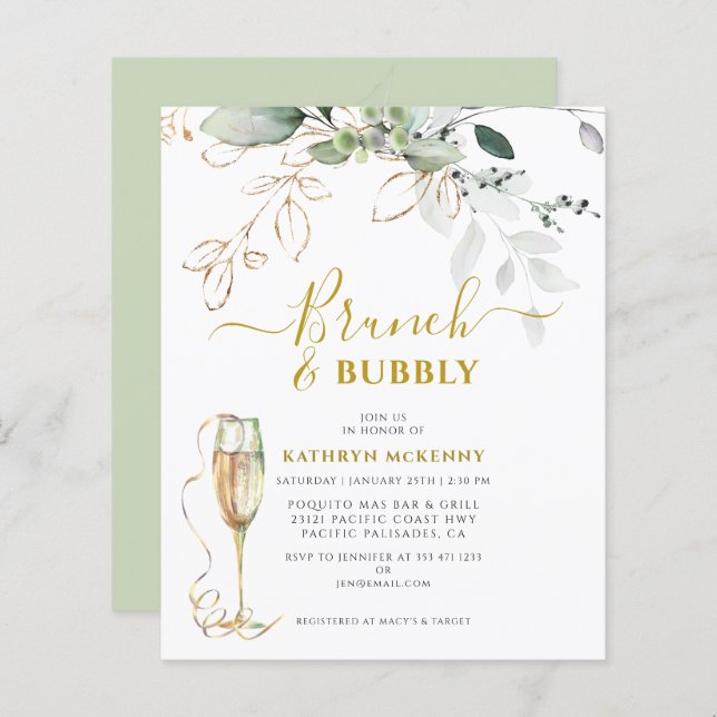 Budget Eucalyptus Gold Calligraphy Bridal Shower (Voorkant / Achterkant)