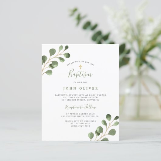 Budget eucalyptus gold cross-Baptisme Uitnodiging (Staand voorkant)