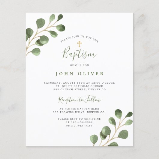 Budget eucalyptus gold cross-Baptisme Uitnodiging (Voorkant)