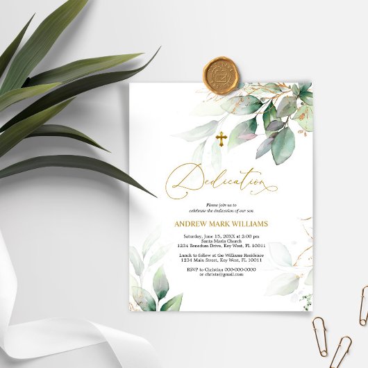 Budget Eucalyptus & Gold Dedication Invitation