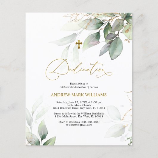 Budget Eucalyptus & Gold Dedication Invitation (Voorkant)