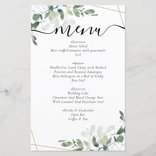 BUDGET Eucalyptus Gold Glitter Menu Kaart (Voorkant)