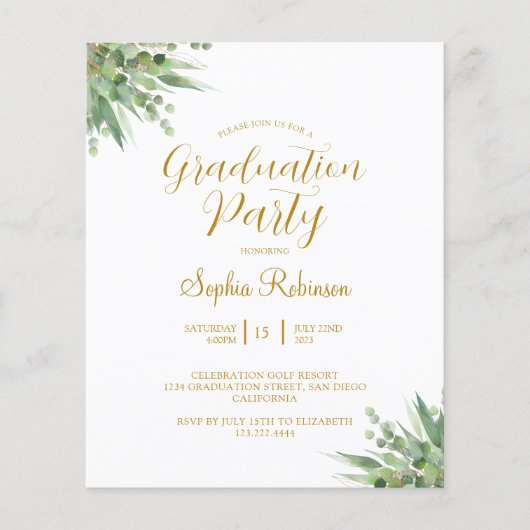 Budget Eucalyptus Gold Graduation Party Uitnodigin (Voorkant)