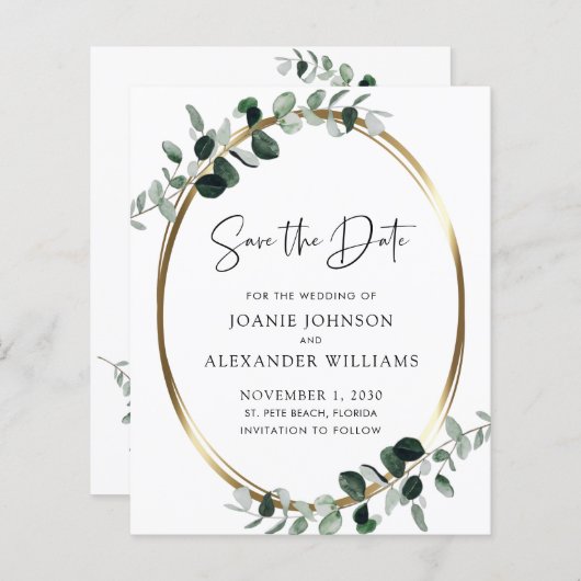 Budget Eucalyptus Gold Metallic Save the Date (Voorkant / Achterkant)