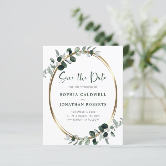 Budget Eucalyptus Gold Metallic Save the Date (Staand voorkant)