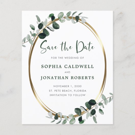 Budget Eucalyptus Gold Metallic Save the Date (Voorkant)