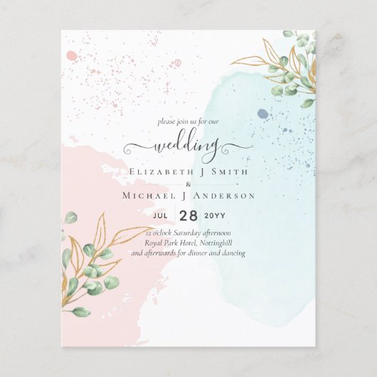 BUDGET Eucalyptus Goud Roze Blauwe Bladeren Bruilo Flyer (Voorkant)