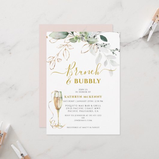 Budget Eucalyptus Goud Roze Blush Bruidsfeest Kaart (Voorkant / Achterkant in situ)