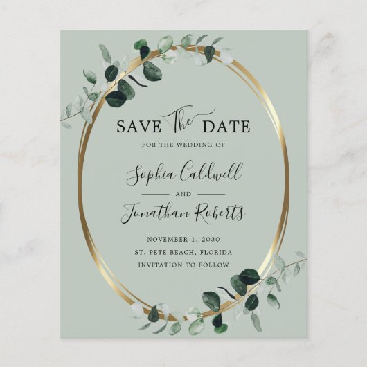 Budget Eucalyptus Goud Salie Trouwen Save the Date (Voorkant)
