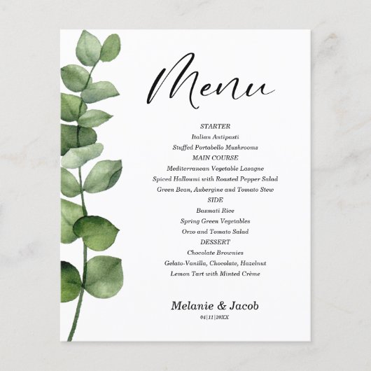 Budget Eucalyptus Green Leaves Flat Menu Kaart (Voorkant)