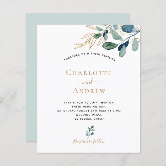 Budget eucalyptus greenery bruiloft uitnodiging (Voorkant / Achterkant)