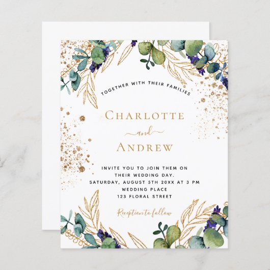 Budget eucalyptus greenery bruiloft uitnodiging (Voorkant / Achterkant)