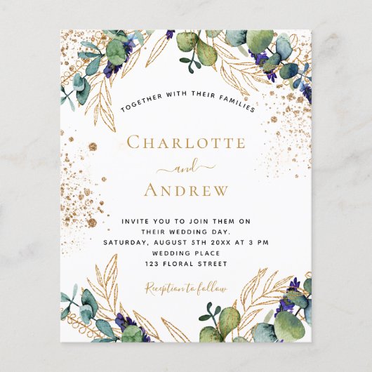 Budget eucalyptus greenery bruiloft uitnodiging (Voorkant)