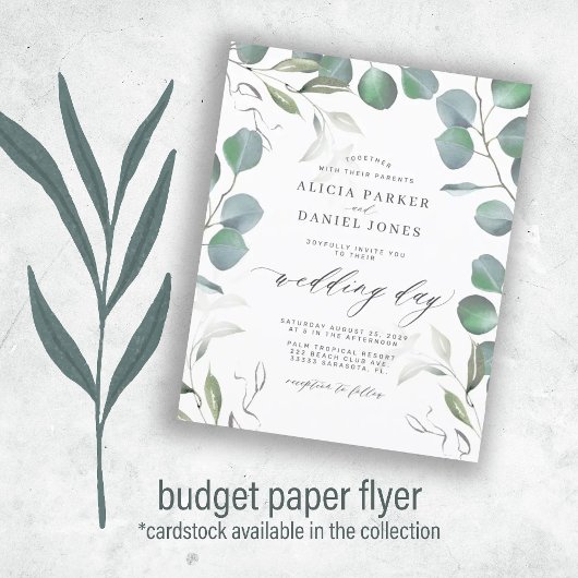 Budget eucalyptus greenery bruiloft uitnodiging flyer