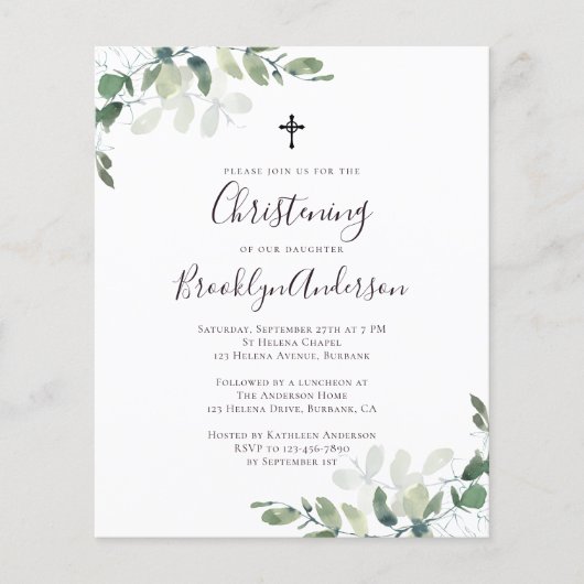 Budget Eucalyptus Greenery Christening Uitnodiging (Voorkant)