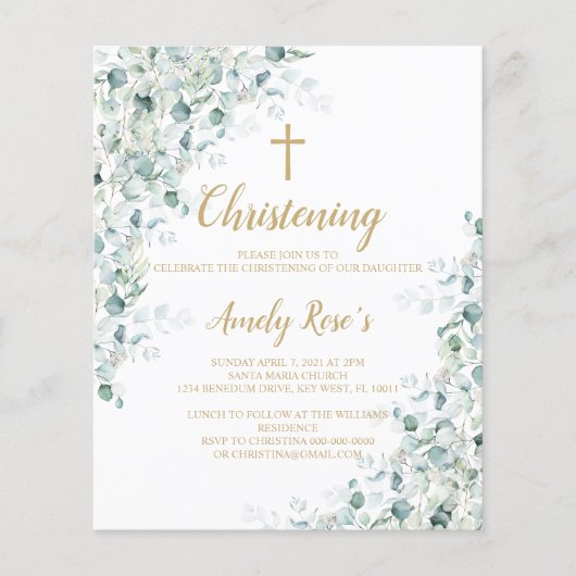 Budget Eucalyptus Greenery Christening Uitnodiging (Voorkant)