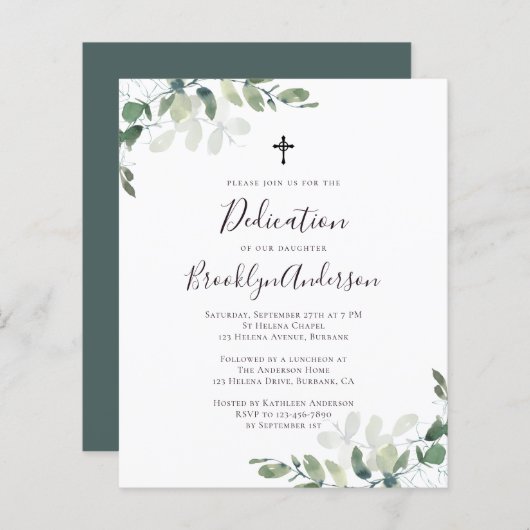 Budget Eucalyptus Greenery Dedication Invitation (Voorkant / Achterkant)