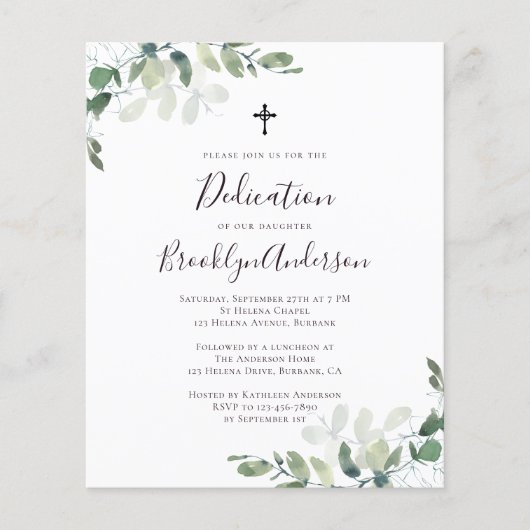 Budget Eucalyptus Greenery Dedication Invitation (Voorkant)