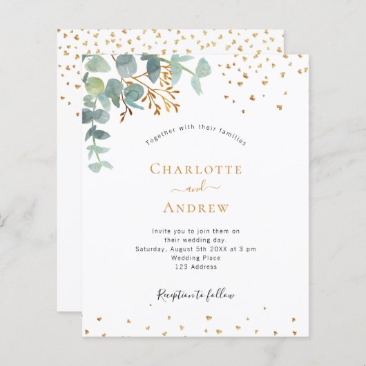 Budget eucalyptus greenery Gold bruiloft uitnodigi (Voorkant / Achterkant)
