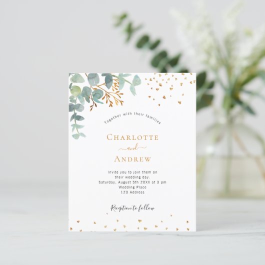 Budget eucalyptus greenery Gold bruiloft uitnodigi (Staand voorkant)