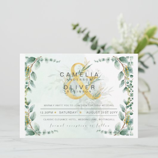 BUDGET Eucalyptus Greenery Gold Wedding QR CODE IN Kaart (Staand voorkant)