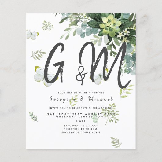 BUDGET Eucalyptus Greenery Leaf Botanical Wedding Flyer (Voorkant)