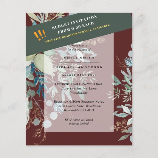 BUDGET EUCALYPTUS Greenery Leaves Wedding INVITES Flyer (Voorkant)