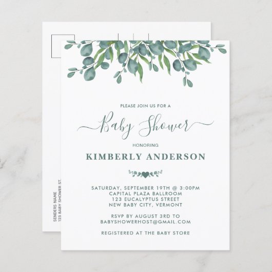 Budget Eucalyptus Greenery Sage Baby shower Uitnod (Voorkant / Achterkant)