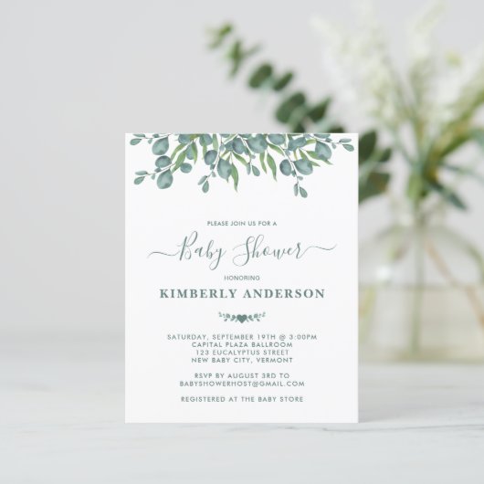 Budget Eucalyptus Greenery Sage Baby shower Uitnod (Staand voorkant)