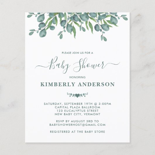 Budget Eucalyptus Greenery Sage Baby shower Uitnod (Voorkant)