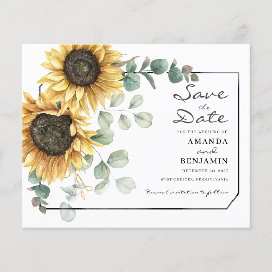 Budget Eucalyptus Greenery Sunflower Save the Date (Voorkant)