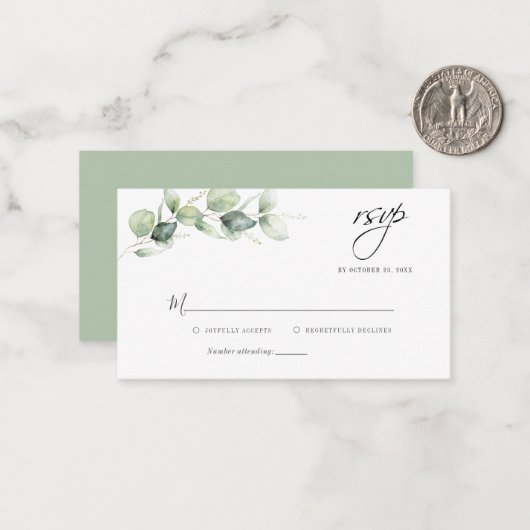 Budget Eucalyptus Greenery Wedding RSVP Kaart Notitiekaartje (Voorkant / Achterkant in situ)